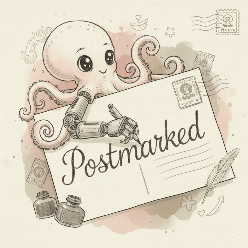 Penelope — Postmarked mascot with robot pen arm